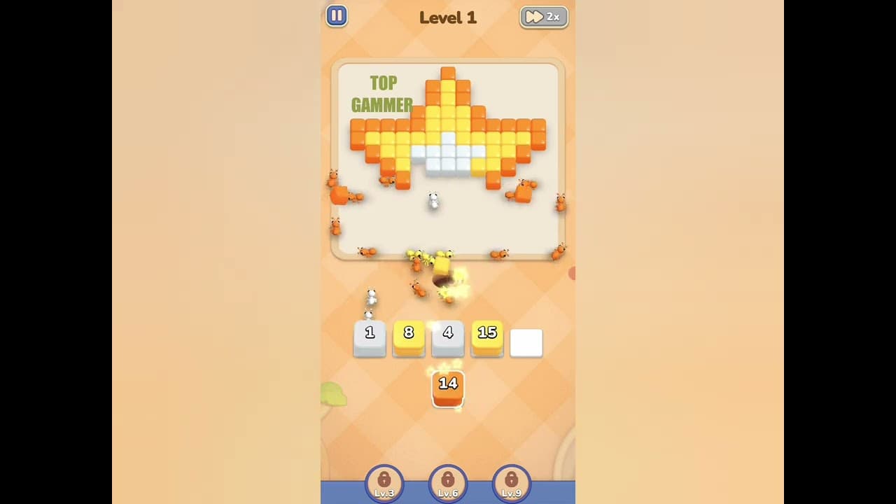 Colony Flow gameplay screenshot showing ants carrying colorful cubes through a puzzle board