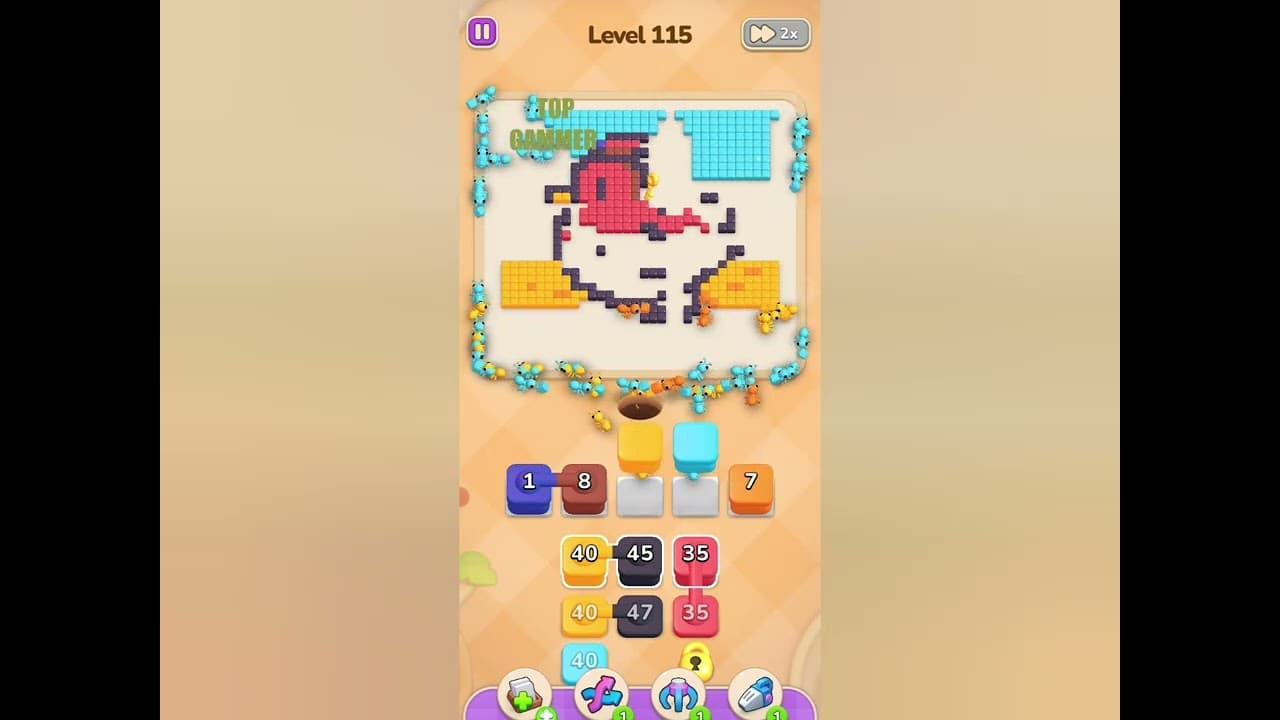 Colony Flow gameplay screenshot showing ants carrying colorful cubes through a puzzle board