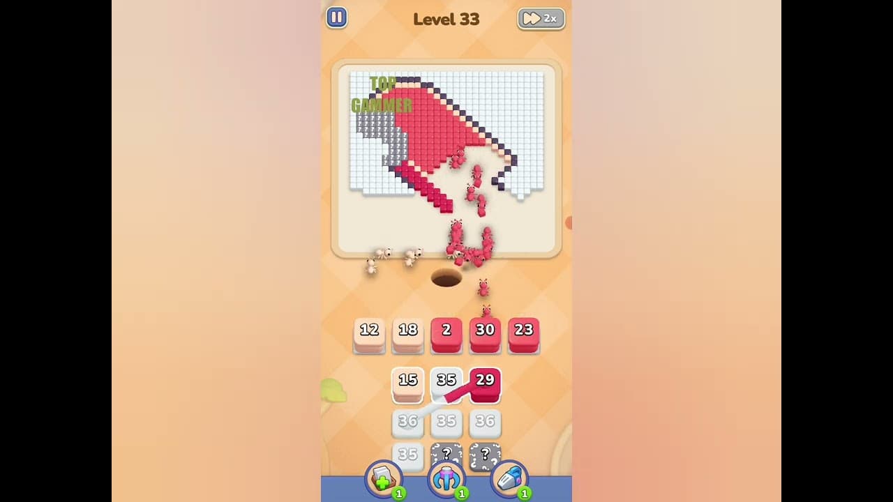 Colony Flow gameplay screenshot showing ants carrying colorful cubes through a puzzle board